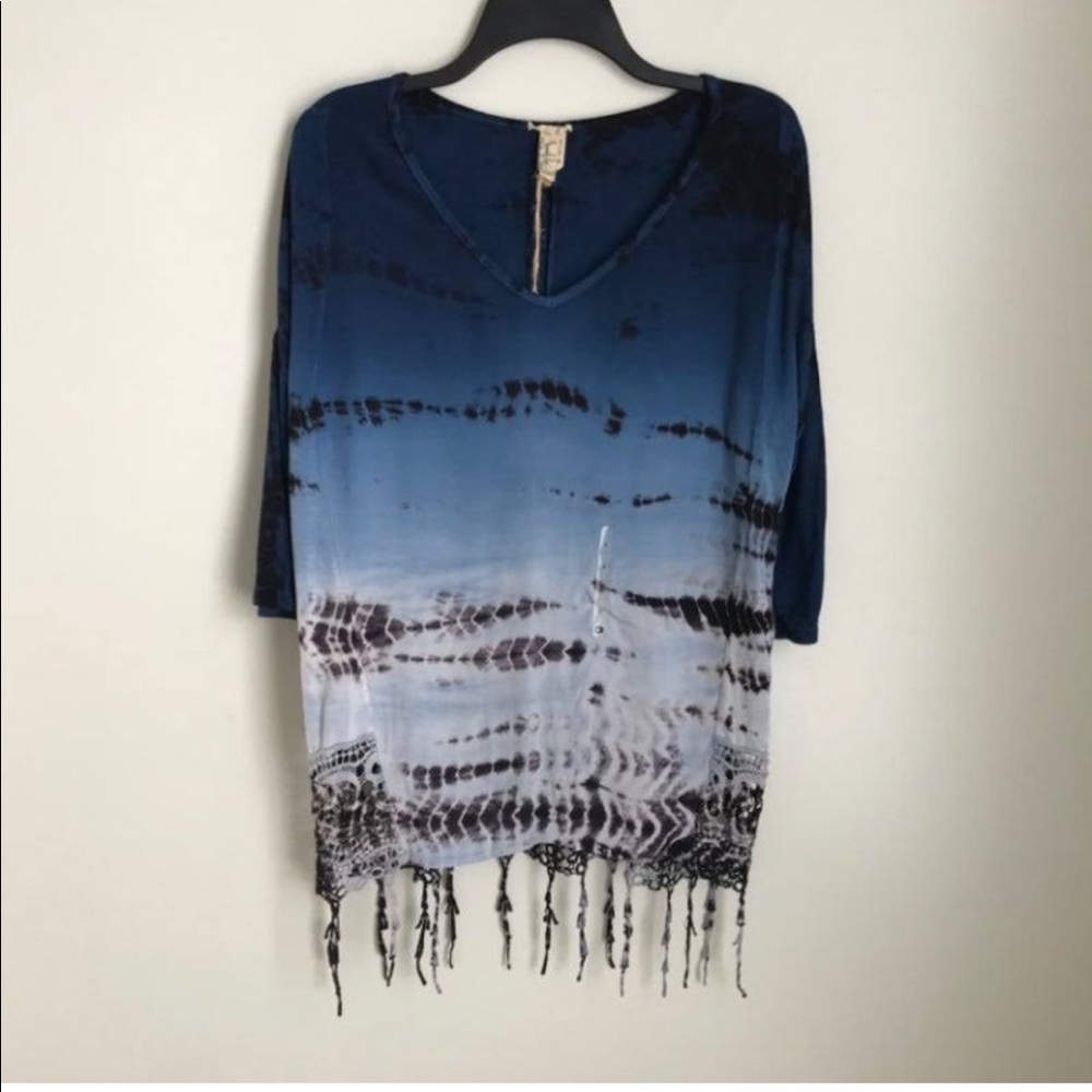 Gimmicks blue, black, and white top/swimsuit cover with lace and tassels